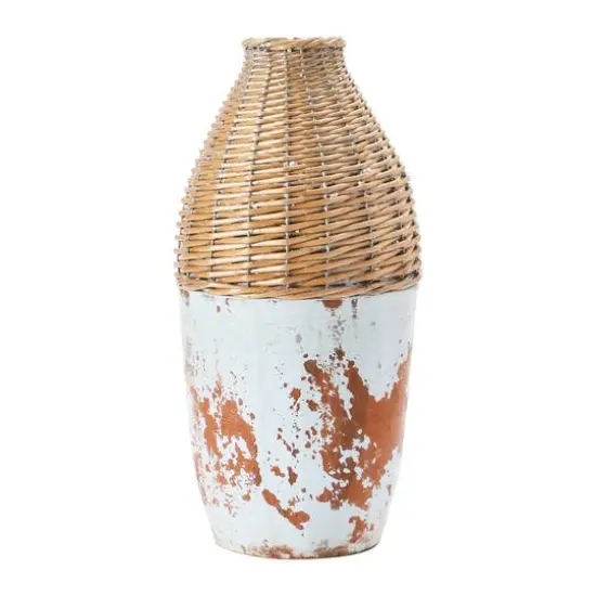 Hello Honey&reg; 16.5" Distressed White Hand-Woven Rattan & Clay Vase {3}