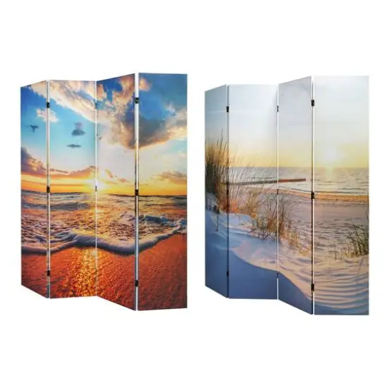 American Art Decor&trade; 6ft. Double-Sided 4-Panel Baltic Sea Beach Sunrise Portable Canvas Privacy Screen {1}