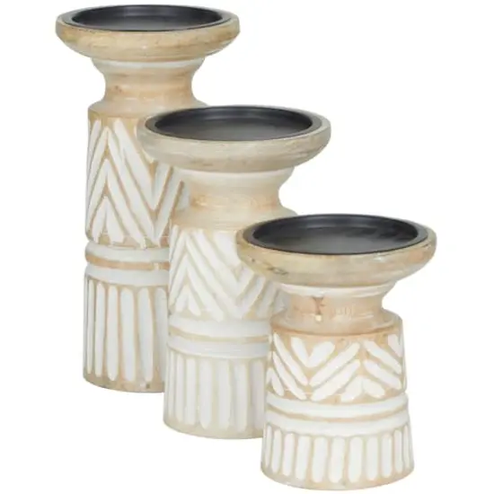 Light Brown Mango Wood Carved Tribal Pillar Candle Holder Set {3}