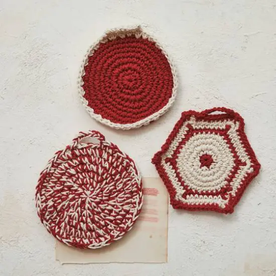 Hello Honey&reg; 8" Red & White Crocheted Cotton Pot Holder Set {3}