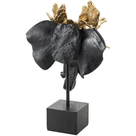 21" Black & Gold Polystone Elephant Head with Birds Statue {9}