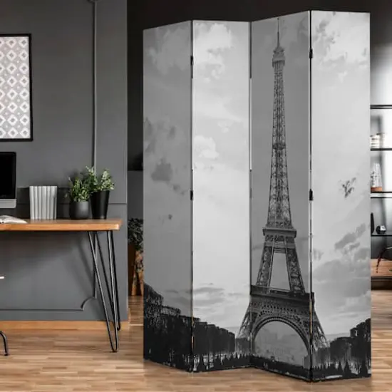 American Art Decor&trade; 6ft. Double-Sided 4-Panel Black and White Eiffel Tower & Notre Dame Bike Canvas Room Divider {3}