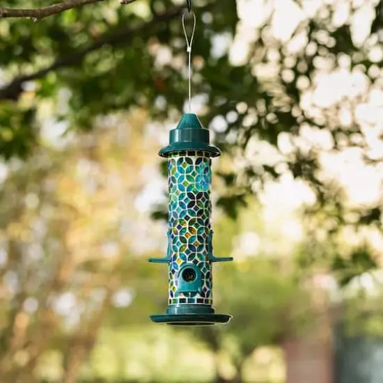 Glitzhome&reg; 20" Tall Blue & Green Mosaic Glass Hanging Bird Feeder {6}
