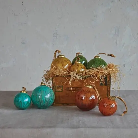 Hello Honey&reg; 4" Green Hand-Marbled Glass Ball Ornament with Leather Hanger {3}