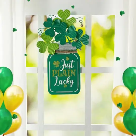 Glitzhome&reg; 16" St. Patrick's Wooden Mason Jar with Shamrock Door Hanger {4}