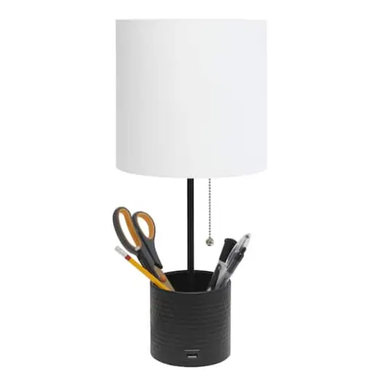 Simple Designs 18.5" Hammered Metal Container Base Table Lamp with USB Charging Port White/Black {8}