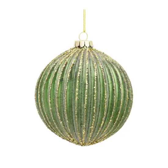 6ct. Green & Gold Stripes Glass Ornament Set {3}