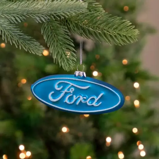 5" Glittered Blue & White Ford Logo Glass Ornament {3}