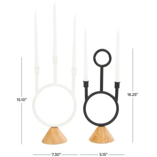 Black & White Metal Abstract Circular Ring Candle Holder with Wooden Cone Bases Set {11}