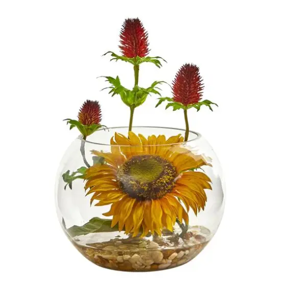 11" Sunflower & Red Thistle Arrangement in Bowl Vase {1}