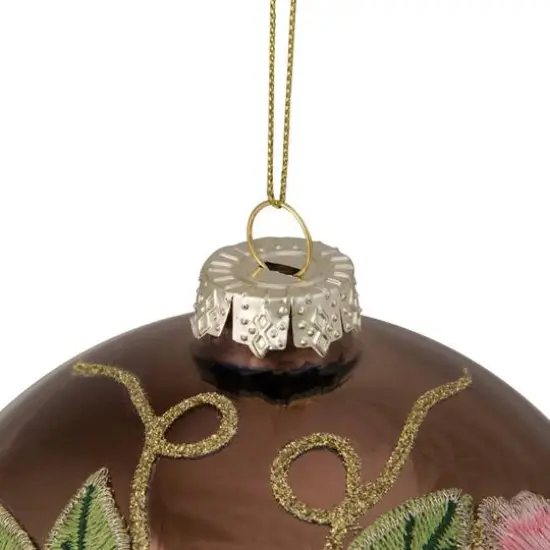 5" 2-Finish Brown & Pink Floral Applique Glass Ball Ornament {6}