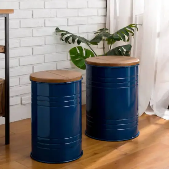 Glitzhome&reg; Metal Storage Accent Table with Solid Wood Lid Set Navy Blue {3}