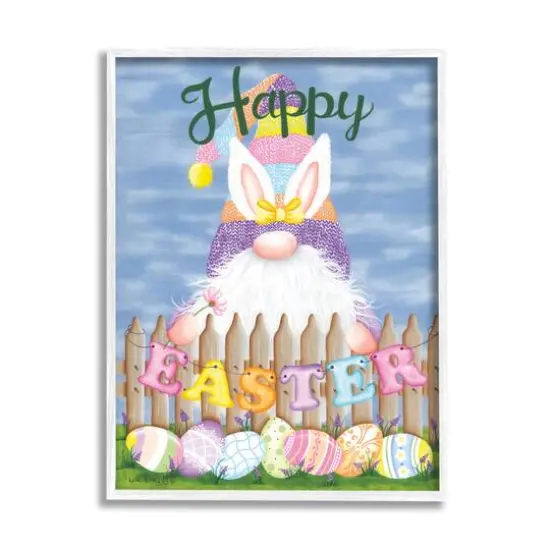 Stupell Industries Happy Easter Garden Gnome Eggs Framed Giclee Art White {1}