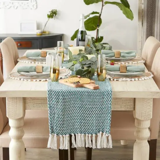 DII&reg; 108" Woven Fringed Table Runner Teal {6}