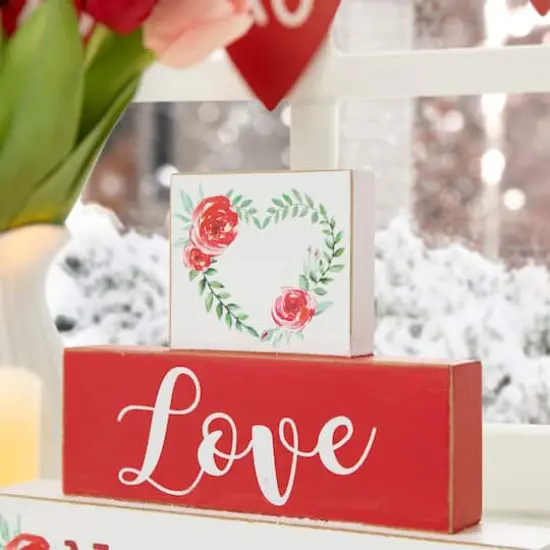 Glitzhome&reg; 9.5" Valentine's Wooden Block Tabletop Sign {5}