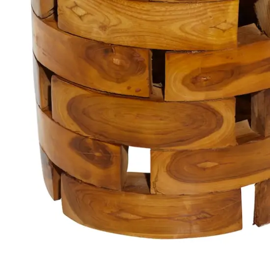 18" Brown Teak Contemporary Footstool {5}