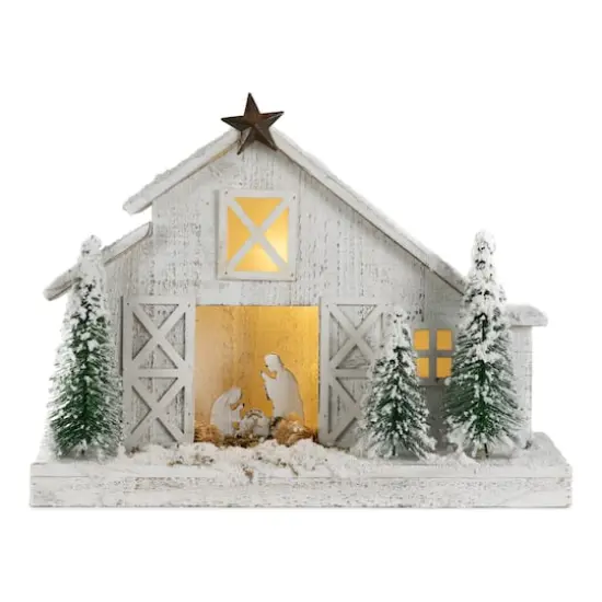 19.5" White LED Flocked Nativity Stable Display {1}