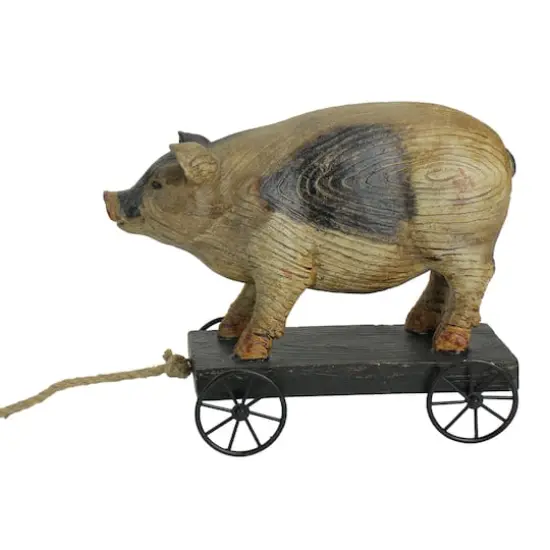 10" Black & White Wood Textured Pig on Cart Garden Statue {1}