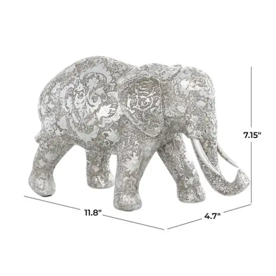 7" Silver Elephant Engraved Floral Sculpture {10}