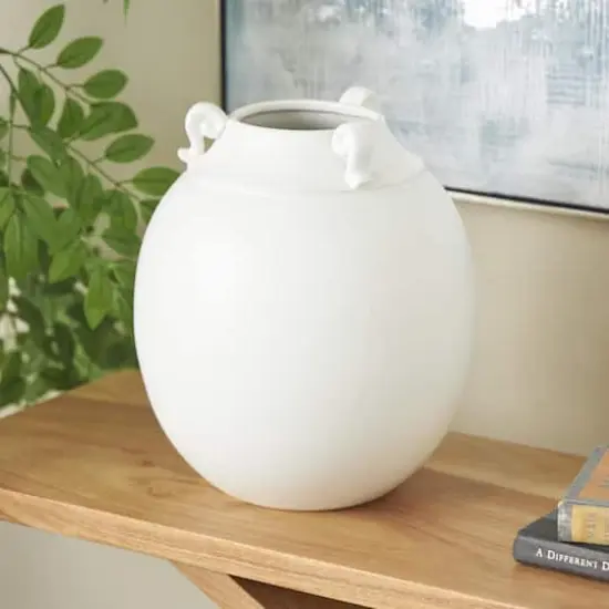 11" White Ceramic Minimalistic Vase with Scroll Handles {3}