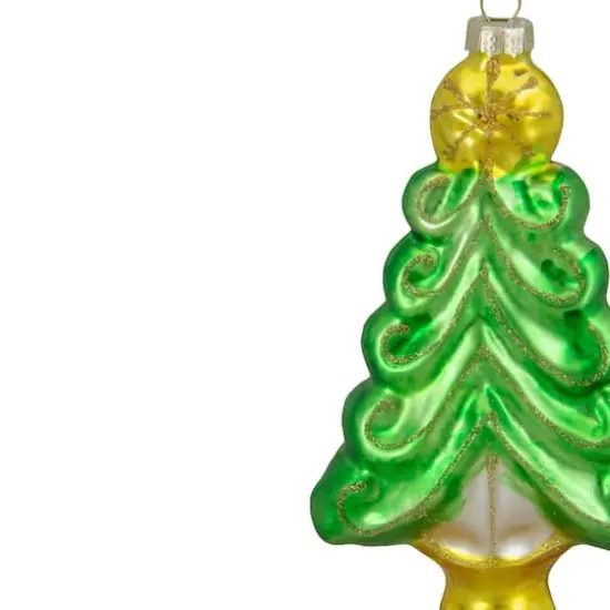 5" Pearl & Glitter Green & Gold Glass Christmas Tree Hanging Ornament {7}