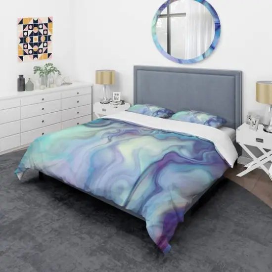 Designart Marbled Colours in Shades of Turquoise & Purple Modern & Contemporary Duvet Cover & Sham Set {4}