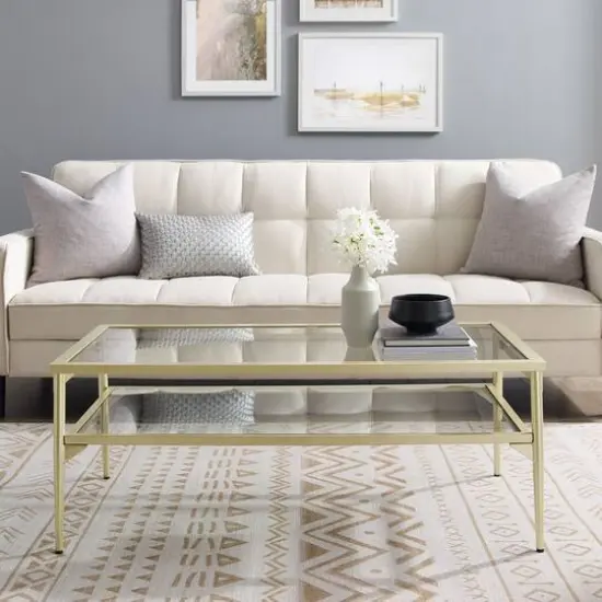 42" Gold Two Tier Glass and Metal Coffee Table {4}