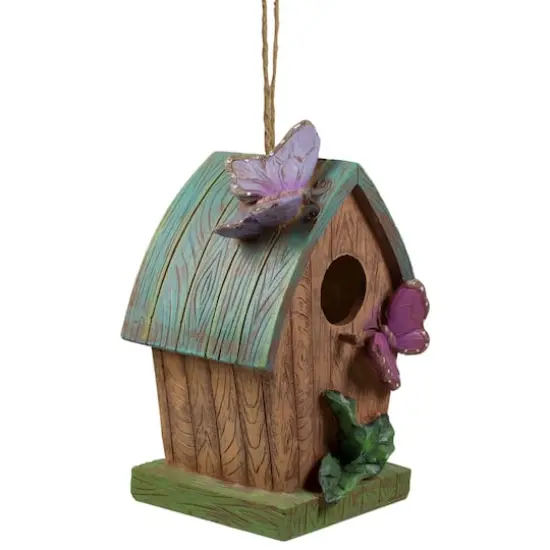 10" Brown & Green Hanging Birdhouse With Butterflies Outdoor Garden Décor {4}