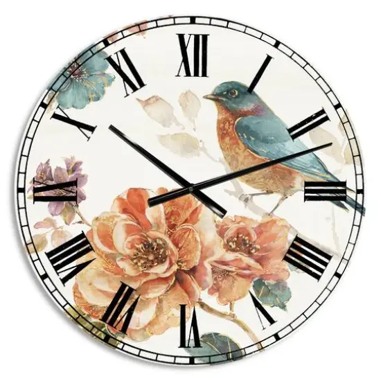 Designart 'Cottage Bird On Orange Flower Twig Farmhouse Wall Clock {1}