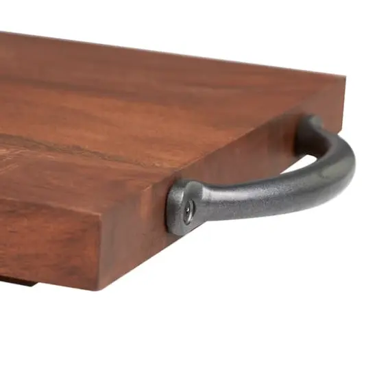 28" Brown Wood Tray with Black Metal Handles {6}