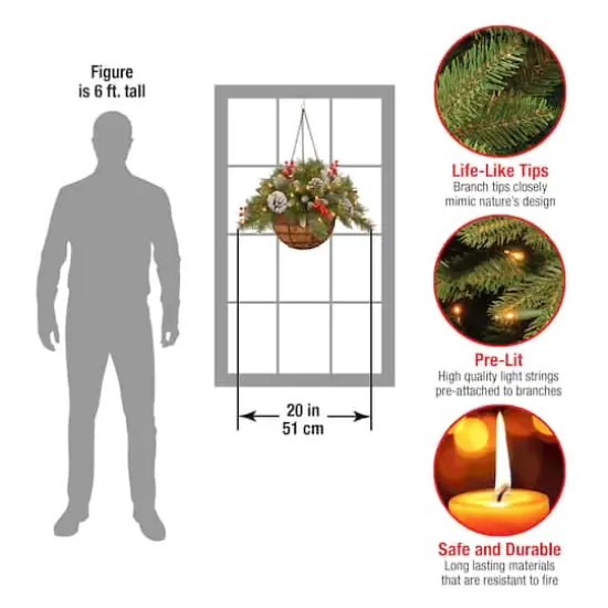 20" Pre-lit Frosted Berry Artificial Christmas Hanging Basket with Cones, Red Berries and Warm White LED Lights {5}