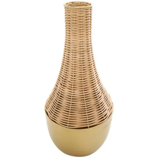 15" Brown & Gold Rattan Handmade Woven Vase {4}