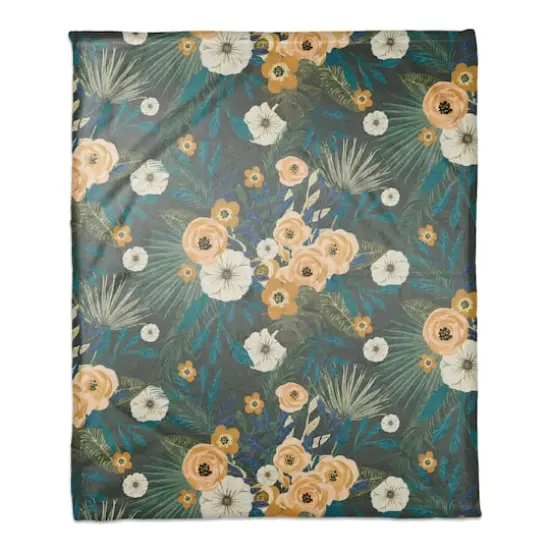 Tropical Floral Coral Fleece Blanket Green {1}