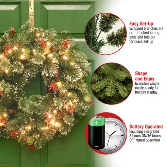 24" Wintry Pine&reg; Wreath with Pine Cones, Red Berries, Snowflakes & Warm White LED Lights {7}