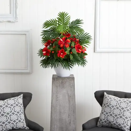 2.2ft. Red Hibiscus & Areca Palm Artificial Plant in White Bowl  {3}
