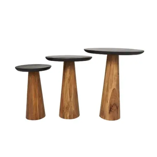 Brown Mango Wood Handmade Cone Shaped Accent Table with Black Tabletop Set {3}