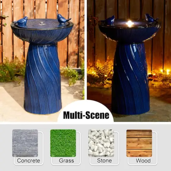 Glitzhome&reg; 24.75" LED Cobalt Blue Twist Ceramic Birdbath Outdoor Floor Fountain {5}