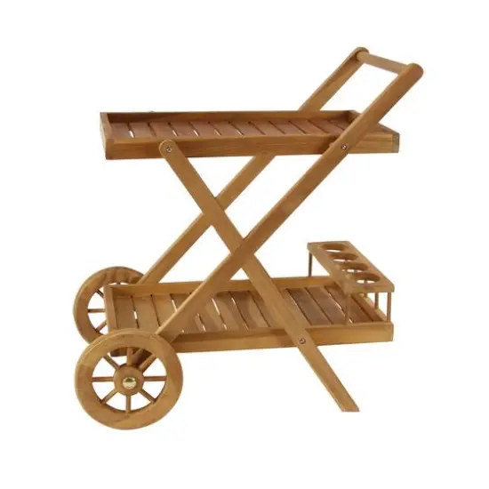 Brown Teak wood Traditional Outdoor Rolling Serving Cart, 32" x 32" x 21" {5}
