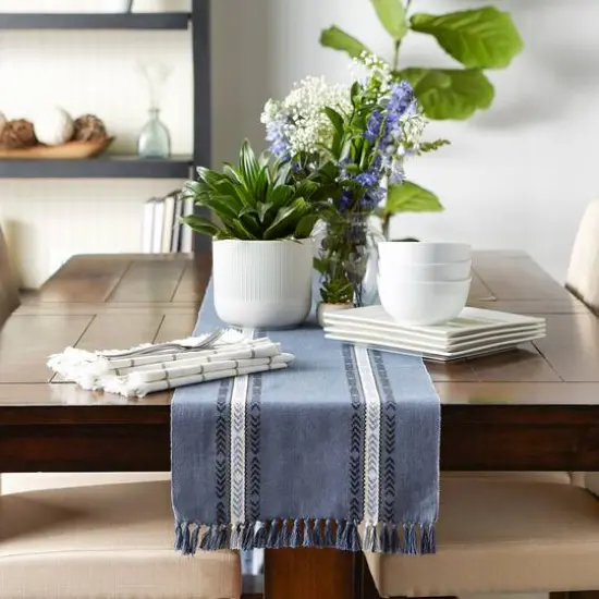 DII® 108" Dobby Striped Fringe Ribbed Table Runner Dobby French Blue {5}
