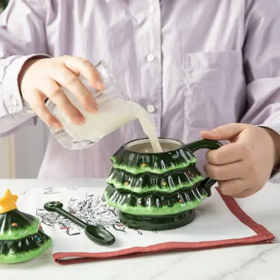 Glitzhome&reg; 6.5" Christmas Ceramic Tree Mug with Lid and Spoon {5}