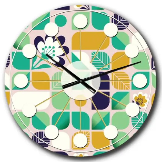Designart 'Geometric Pattern With Leaves And Flowers Mid-Century Modern Wall Clock {1}