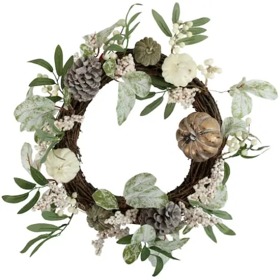 20" Pumpkin & Berries with Pinecones Artificial Fall Harvest Twig Wreath {1}