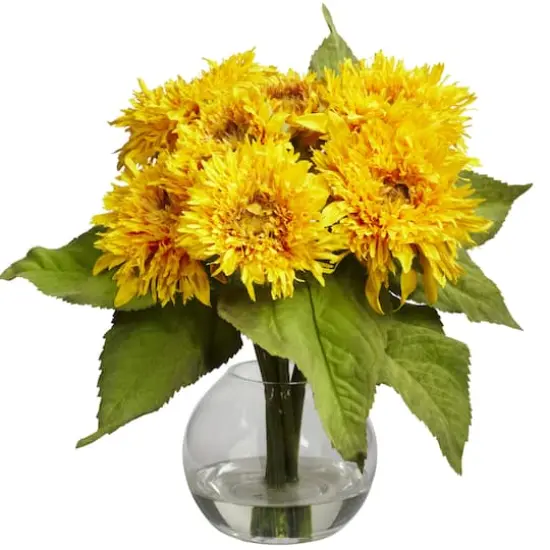 12" Golden Sunflower Arrangement in Glass Vase {1}