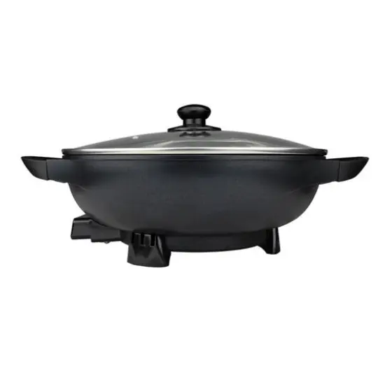 Brentwood 13" Black Nonstick Flat Bottom Electric Wok Skillet with Vented Glass Lid {1}