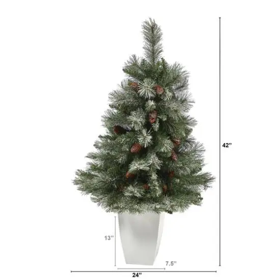 3.5ft. Unlit Snowed French Alps Mountain Pine Artificial Christmas Tree with Pinecones in Metal Planter {3}