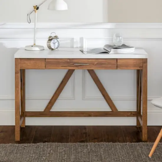 Walker Edison 46" Natural Walnut/Faux White Marble A Frame Wood Computer Desk with Drawer {4}