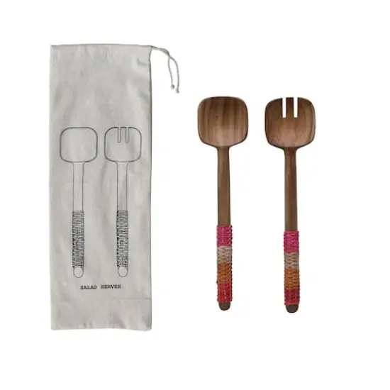 Hello Honey® 12" Teakwood Kitchen Salad Servers with Rattan Wrapped Handles & Drawstring Bag {1}