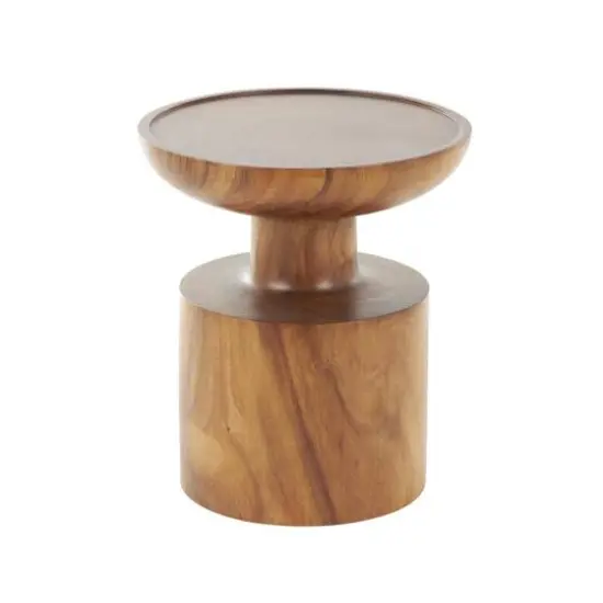 17.75" Brown Wood Handmade Accent Table with Cylinder Block Base {4}