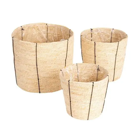 Household Essentials Natural Round Handwoven Corn Rope Basket Set with Thin Stripes & Plastic Liners {1}