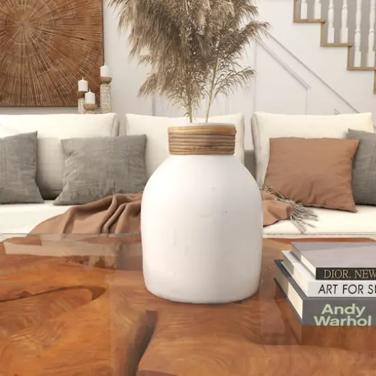 11" White Ceramic Vase with Wrapped Rattan Detailing {9}